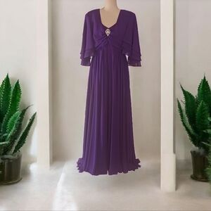 Purple Evening Gown With Flutter Sleeves Women's 16 Pre-owned